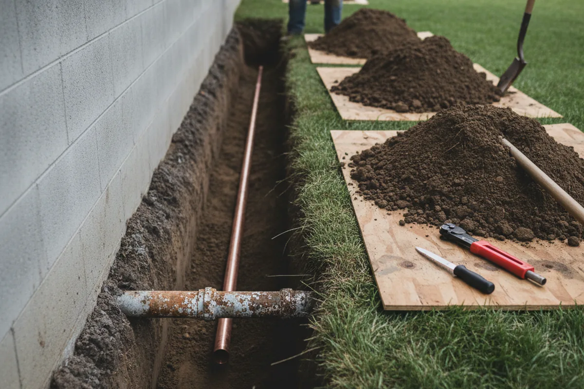 Excavated water line trench during Water Heater Repair in Jarrettsville